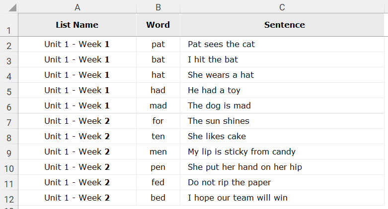 Excel file format example